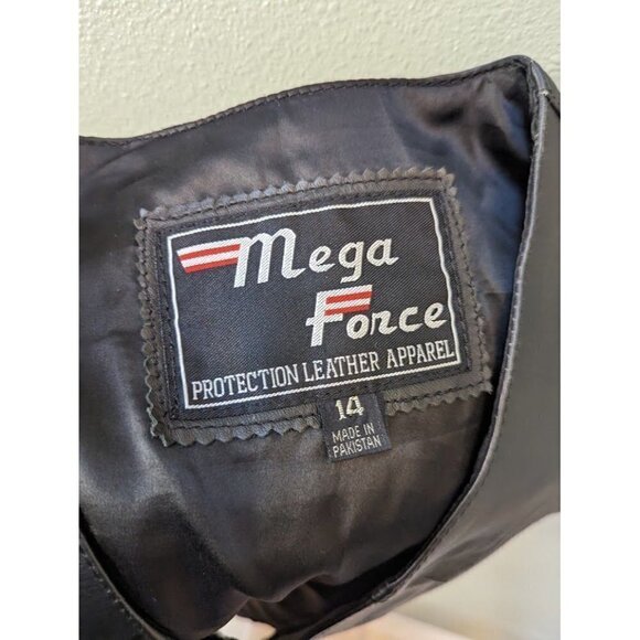 Mega Force Genuine Leather Black Motorcycle Riding Vest Pockets Size 14 - Picture 3 of 5
